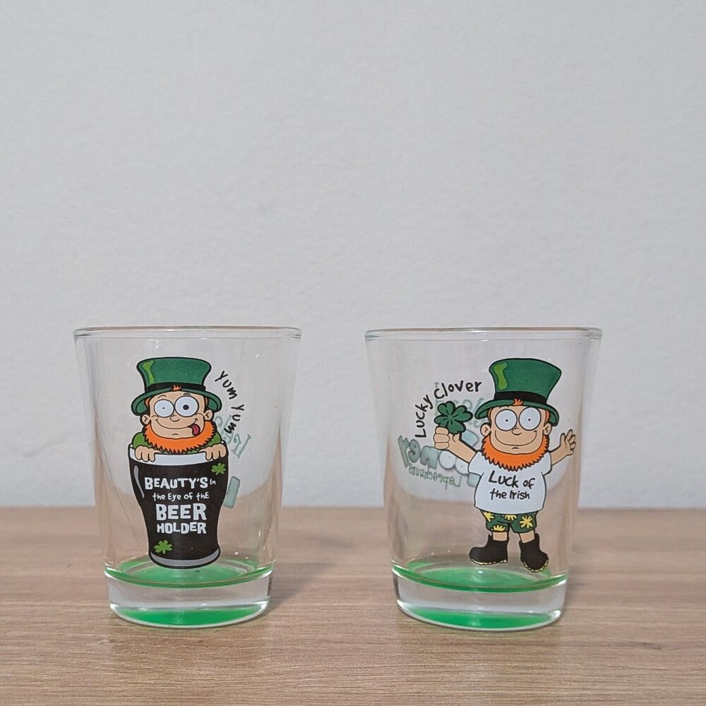 St Patrick's Day Shot Glasses Looney Leprechuans set of 2